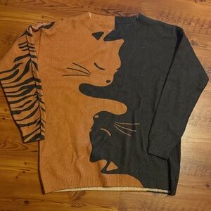 Artistic Cat Design Sweater - Black and Brown